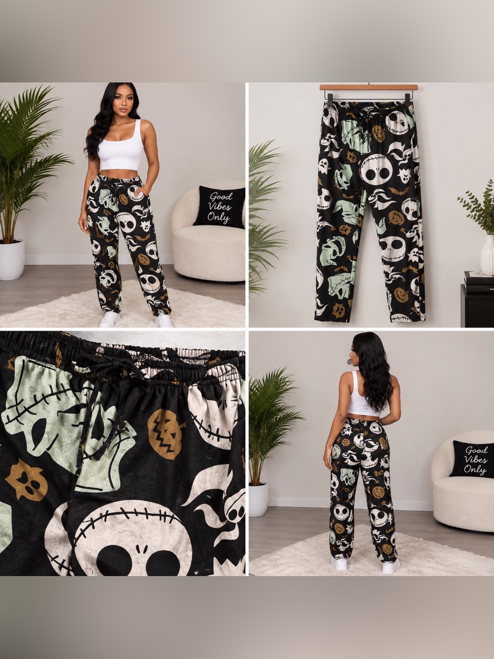 Halloween Skull Pajama Pants – Black Ghost Pumpkin & Skeleton Print Lounge Pants